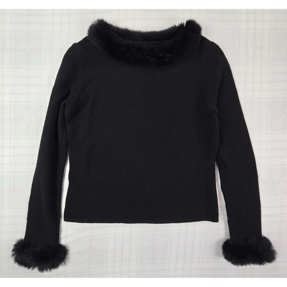 Vintage Harolds Womens Boucle Knit Sweater Fur Trim Collar Cuffs Black L